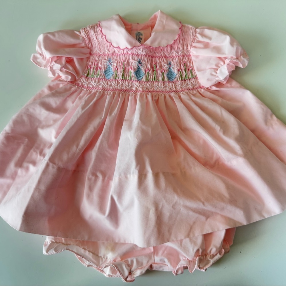 Vintage A Little Angel Light Pink Smocked Juliette Flower Bloomer Dress